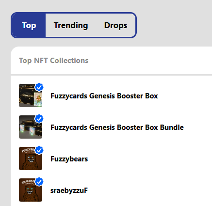 The image displays a "Top NFT Collections" ranking featuring four Fuzzycards-related listings: "Fuzzycards Genesis Booster Box," "Fuzzycards Genesis Booster Box Bundle," "Fuzzzbears," and "sraebyzzuF," all marked with blue verification checkmarks. This aligns with the "$FUZZY world" theme by showcasing the dominance of Fuzzycards collections across the leaderboard.