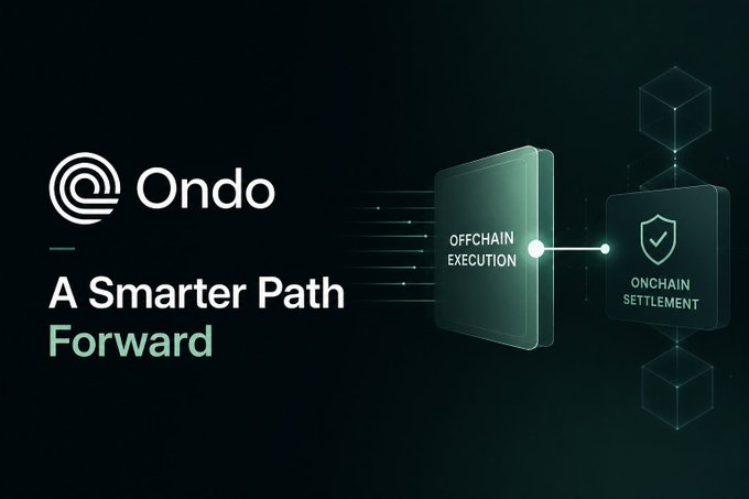 A promotional graphic for 'Ondo' displays the tagline 'A Smarter Path Forward' alongside an illustration of 'OFFCHAIN EXECUTION' connecting to 'ONCHAIN SETTLEMENT'.