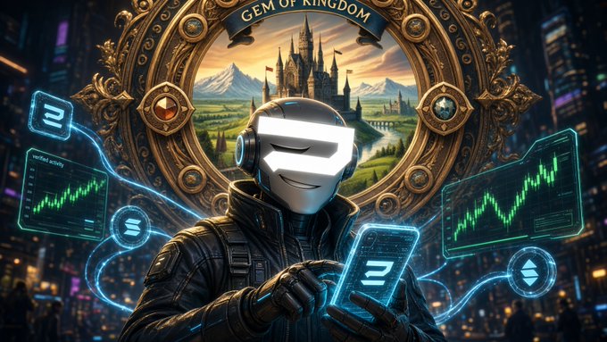 A futuristic digital artwork titled 'GEM OF KINGDOM' depicting a person in a VR headset and tactical jacket holding a smartphone, with holographic trading charts, cryptocurrency logos, and a fantasy kingdom castle within the headset's display.