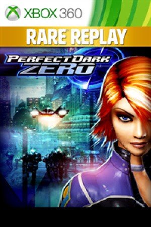 The cover art for the Xbox 360 game "Rare Replay: Perfect Dark Zero," featuring the game's protagonist Joanna Dark in a purple suit alongside futuristic vehicles.