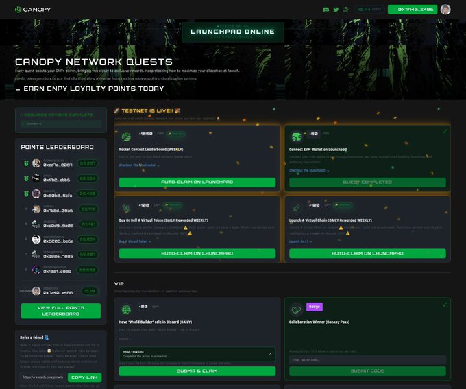 Screenshot of the Canopy Network website showing a 'LAUNCHPAD ONLINE' testnet dashboard with rocket contact leaderboards and quest completion buttons.