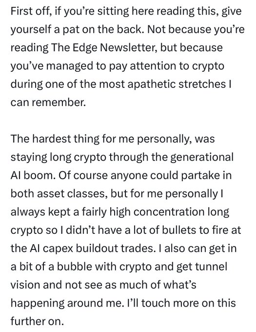 A screenshot of a newsletter article discussing crypto markets during the AI boom, mentioning maintaining a high concentration in crypto and AI capex buildout trades.