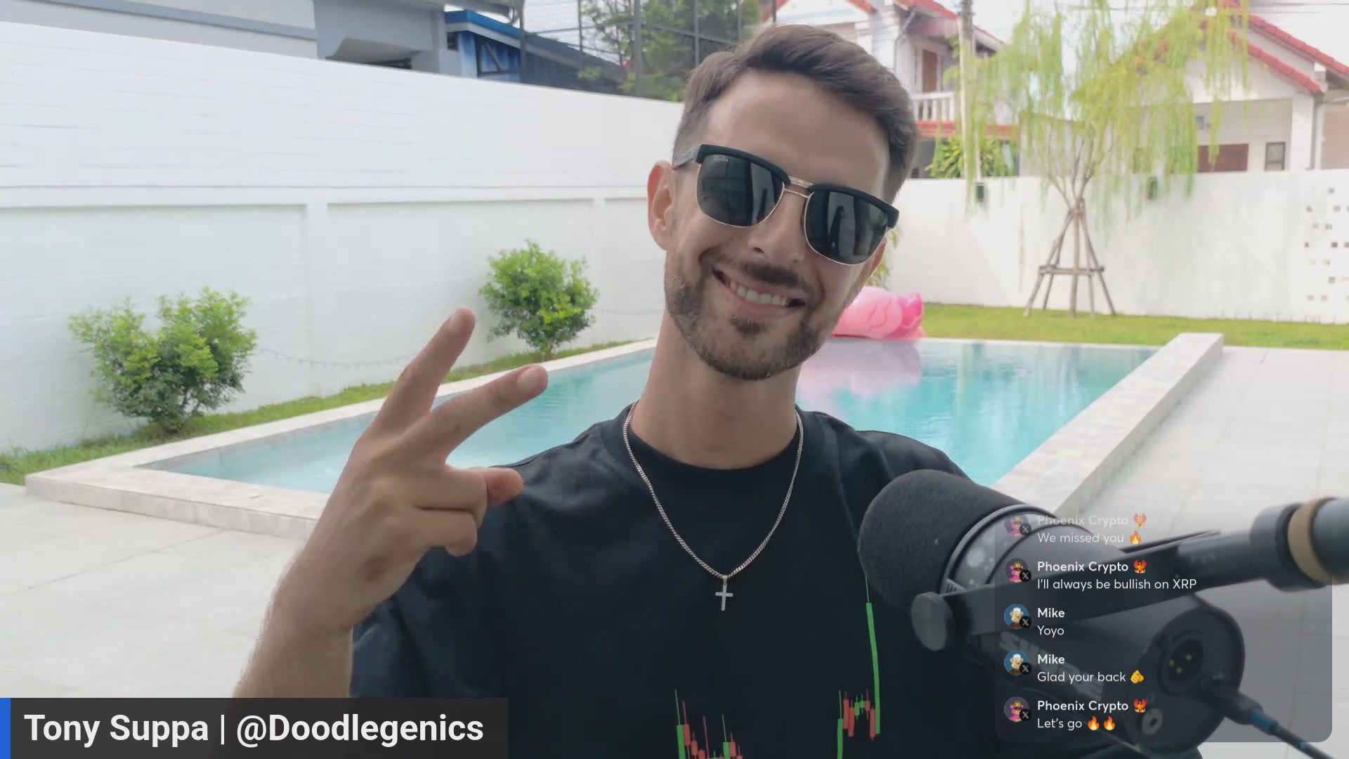 The image features a man wearing sunglasses, smiling at the camera while holding up his hand with fingers spread out. The background of the photo shows an outdoor setting with a pool area and a white fence surrounding it. There are also some potted plants visible in the scene. The caption to the image reads "What's Exciting W/ Crypto & NFTS? @BCGAME Untamed".