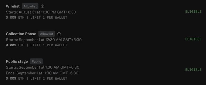 A screenshot showing eligibility for a crypto mint/collection with three stages: Wirelist (Allowlist) starting August 31, Collection Phase (Allowlist) on September 1, and Public stage starting September 1 at 1:30 AM GMT+6:30, each priced at 0.009 ETH.
