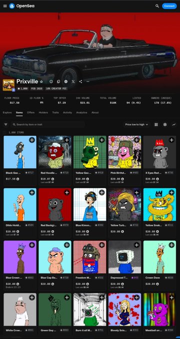 A screenshot of the OpenSea NFT marketplace showing the 'Prixville' collection with a black convertible car, displaying stats like floor price ($17.50) and 7,593 items, along with a grid of cartoon character NFTs including 'Black Guy' and 'Red Hoodie'.