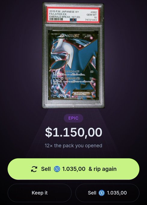 A mobile app interface showing a graded '2015 P.M. JAPANESE XY FALATIOS EX EMERALD BREAK 1ST ED.' Pokémon card valued at '$1.150,00' with a green 'Sell 1.035,00 & rip again' button.