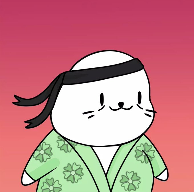 A cartoon illustration of a white cat-like character wearing a black headband and a green floral yukata/kimono against a red gradient background.