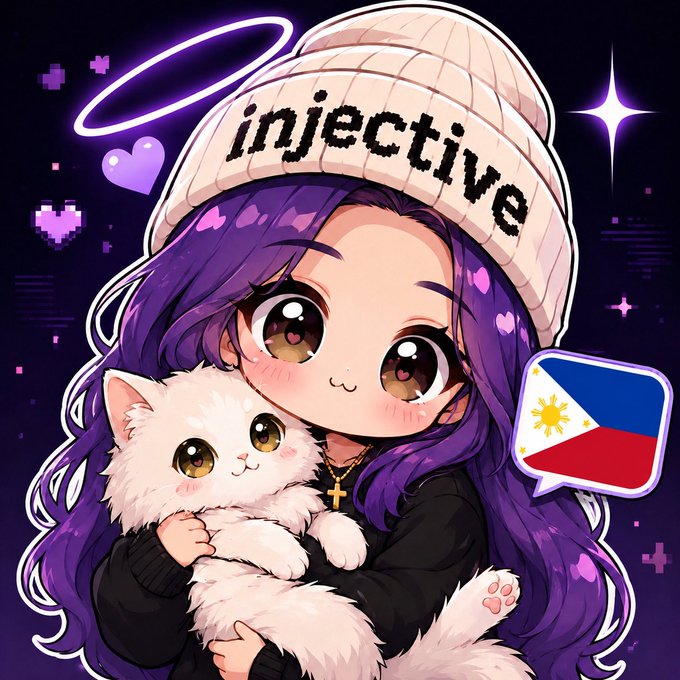 The image features a girl with purple hair wearing a white beanie and holding a cat. The background of the image has a dark purple hue, and there are stars scattered throughout the scene. In the bottom right corner of the image, there is a post that reads "PH community is now open Fellow Pinoys or those with a Pinoy heart hehe #INJ | @injective_PH". This post seems to be promoting an online community for people who share similar interests in anime and gaming.