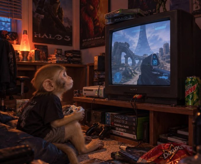 An AI-generated image of a monkey wearing a shirt sitting on the floor in a gaming room, holding a controller and playing Halo 3 on an old Sony CRT television, surrounded by video game cases and Mountain Dew.