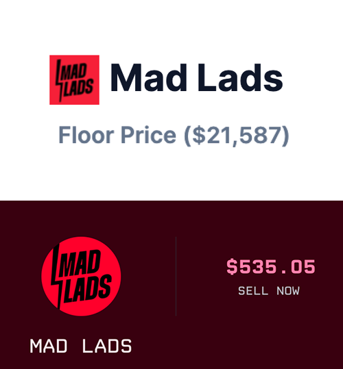 The image shows a "Mad Lads" NFT listing with a Floor Price of $21,587, contrasted against a current sell price of $535.05. The graphic highlights the dramatic disparity between the floor price and an individual listing, seemingly to rebut claims that Mad Lads holders profited excessively from airdrops given the actual sell-now value is far below the headline floor figure.