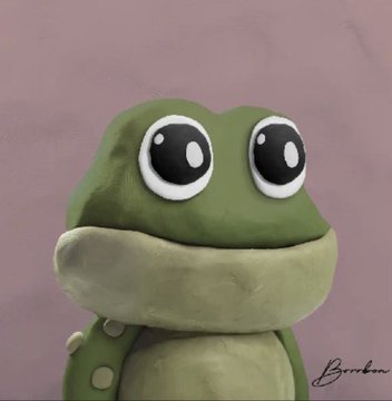 A 3D-rendered green frog plush character with large round eyes against a purple background, signed 'Brinbu.'