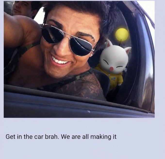 A shirtless man wearing sunglasses smiles while sitting in a car, with an animated Moogle character (with yellow antennae and a red nose) edited behind him through the window. The caption reads "Get in the car brah. We are all making it," tying into the post's "gm get in the car Kupo" message, where "Kupo" is the catchphrase of the Moogle.