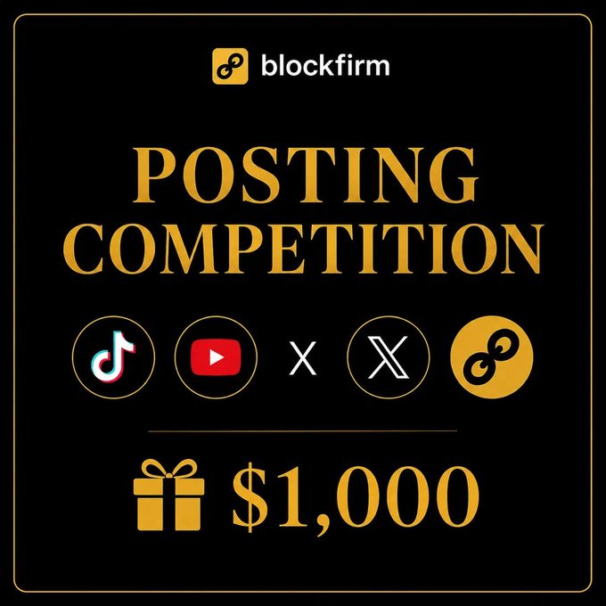 A black and gold promotional graphic for Blockfirm announcing a "POSTING COMPETITION" with a $1,000 prize pool, featuring icons for TikTok, YouTube, and X alongside the Blockfirm logo. The image visually reinforces the post's call to create content about Blockfirm across multiple social media platforms to win cash prizes.