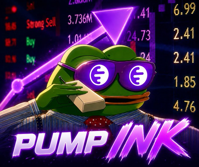 Vibrant promotional image for 'PUMPINK' featuring a cartoon frog wearing sunglasses with euro symbols on the lenses and a purple triangle, holding a stack of money, set against a background of stock market numbers and trading signals like 'Strong Sell' and 'Buy'.