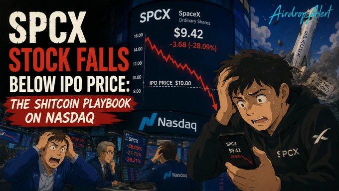 The image is a dramatic editorial illustration showing an anime-style trader in distress staring at his phone displaying "SPCX $9.42 -$3.68 (-28.09%)" amid a Nasdaq trading floor scene, with a chart showing the stock crashing below its "$10.00 IPO PRICE" toward the SpaceX logo and a "TO THE MOON" rocket. Bold red and white text reads "SPCX STOCK FALLS BELOW IPO PRICE: THE SHITCOIN PLAYBOOK ON NASDAQ," visually reinforcing the post's comparison of SpaceX's $SPCX post-IPO collapse to common crypto token dump patterns.