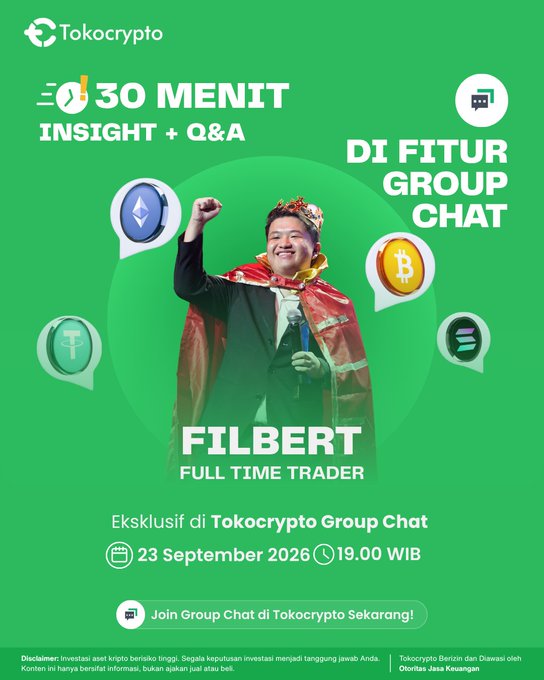 Promotional graphic for a Tokocrypto 30-Minute Insight + Q&A session featuring Filbert Patrick, a Full-Time Trader, scheduled for September 23, 2026 at 19.00 WIB in the Tokocrypto Group Chat, showing Filbert dressed in a king-themed costume surrounded by cryptocurrency icons including Bitcoin and Ethereum. The bold text and icons reinforce the post's invitation to join an exclusive interactive trading session with an experienced market professional.