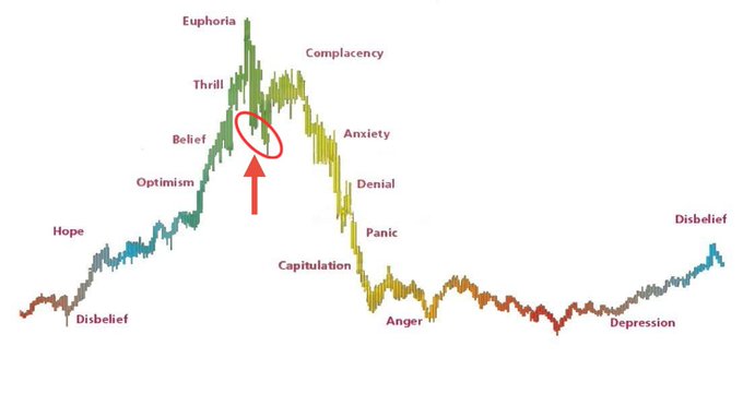 The image shows a Bitcoin bubble chart displaying the "Psychology of a Market Cycle" with emotional stages ranging from Disbelief through Hope, Optimism, Belief, Thrill, Euphoria, Complacency, Anxiety, Denial, Panic, Capitulation, Anger, Depression, and back to Disbelief. The red arrow and circle highlight the Thrill/Belief peak, indicating the post is suggesting $BTC reached its cycle top at the euphoria stage.