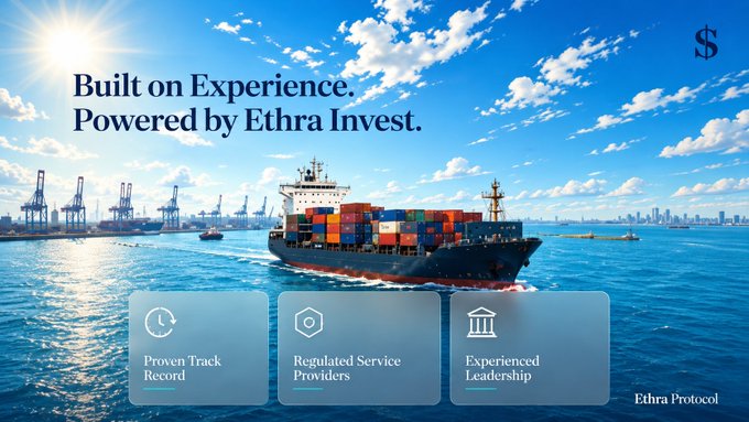 A promotional graphic for Ethra Invest featuring a container ship at sea, with the text 'Built on Experience. Powered by Ethra Invest.' and icons for 'Proven Track Record', 'Regulated Service Providers', and 'Experienced Leadership'.