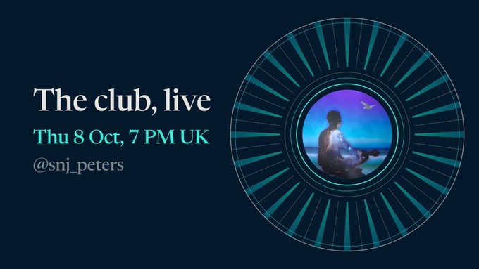 An event advertisement with text 'The club, live, Thu 8 Oct, 7 PM UK, @snj_peters' next to a circular graphic of a person meditating under a moonlit sky.
