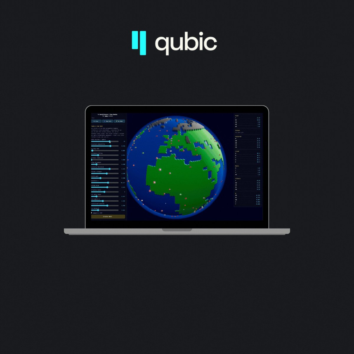 The image shows an open laptop screen displaying a 3D rendering of Earth with various elements such as cities, mountains, and bodies of water. The laptop's screen also displays information about artificial creatures evolving within this virtual world. The Qubic science team has released a new version of their artificial creature evolution game that allows players to watch the creatures evolve in real-time without having to load it again after each play. This new version is available for viewing on the Qubic website, and it provides an interactive experience where players can observe how the creatures interact with their environment as they evolve over time.
