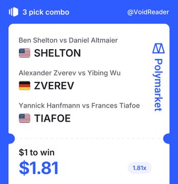 A Polymarket betting slip showing a 3-pick combo from @VoidReader predicting SHELTON, ZVEREV, and TIAFOE to win their respective tennis matches, with a $1 to win $1.81 payout.