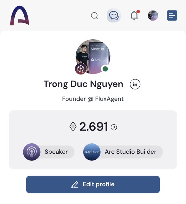 A screenshot of a user profile for 'Trong Duc Nguyen', identified as 'Founder @ FluxAgent', showing a balance of '2.691' tokens and tags for 'Speaker' and 'Arc Studio Builder'.