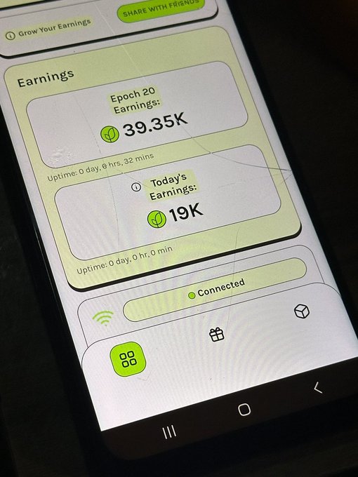 A smartphone displays the Grass app earnings dashboard, showing "Epoch 20 Earnings: 39.35K" and "Today's Earnings: 19K" with a connected status indicator. The image supports the post's question about active Grass Season 100 miners by visually demonstrating the in-app earnings tracker that miners use to monitor their rewards.
