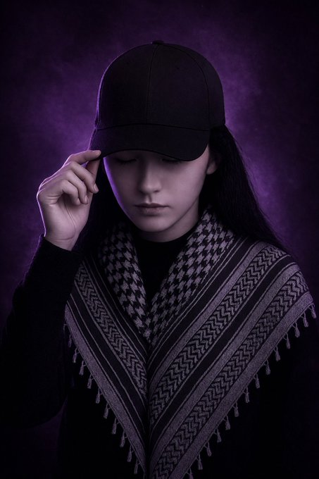 A young woman with long dark hair tips her black baseball cap with one hand, eyes closed in a serene expression, wearing a black top and a patterned scarf with geometric designs and tassels against a moody purple backdrop—matching the quiet, restful tone of a "Goodnight family" message.