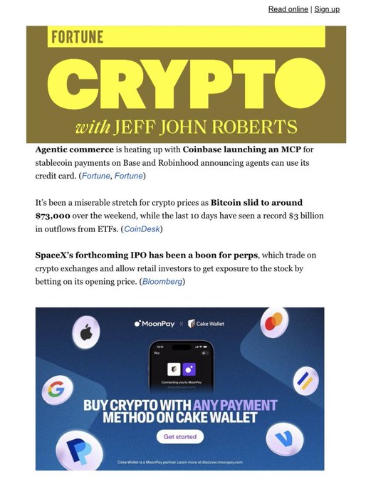 The image features a poster for a cryptocurrency wallet called Spotted Cake Wallet, which has been featured in a Fortune article about Bitcoin. The poster includes various images of cakes with different toppings, such as chocolate frosting, fruit, and sprinkles, along with text promoting the wallet service. The post also mentions that the wallet is available on ApplePay and offers a "buy Bitcoin" method for payment.