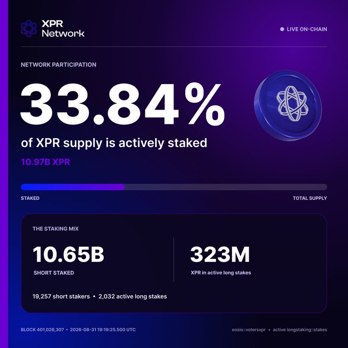An infographic from XPR Network showing that 33.84% (10.97B XPR) of its total supply is actively staked, with the staking mix split between 10.65B XPR in short stakes (19,257 short stakers) and 323M XPR in active long stakes (2,032 long stakers) on block 401,028,307 at 2026-08-31. The image visually reinforces the post's claim of growing XPR staking participation and recent supply increase.