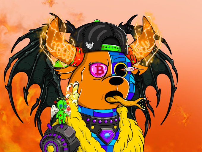 A cartoon-style NFT artwork featuring a dog character wearing a cap with devil horns, holding flames with 'B' (Bitcoin) symbols, with a small green angel figure and a rocket, set against an orange sky.