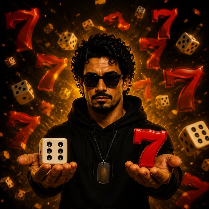 A dramatic image of a man in sunglasses holding a large dice and a red number '7', surrounded by floating dice and sevens against a glowing golden background, suggesting luck and gambling.