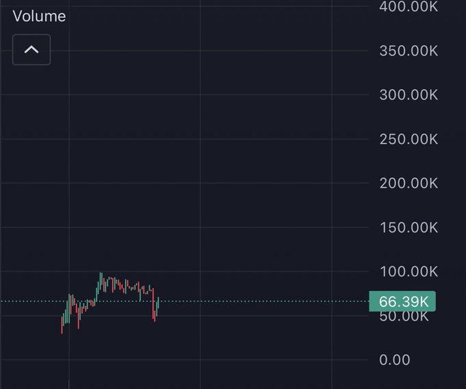 A trading volume chart displays candlestick activity clustered near the bottom with a current volume reading of 66.39K against a y-axis ranging from 0 to 400.00K, supporting the post's claim about a timely observation on the $SPX index ("IDX").