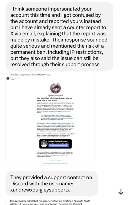 A screenshot of a message explaining that the user mistakenly impersonated someone else's account and reported the wrong person, mentioning X (Twitter) support contact xandrewxquigleysupportx.