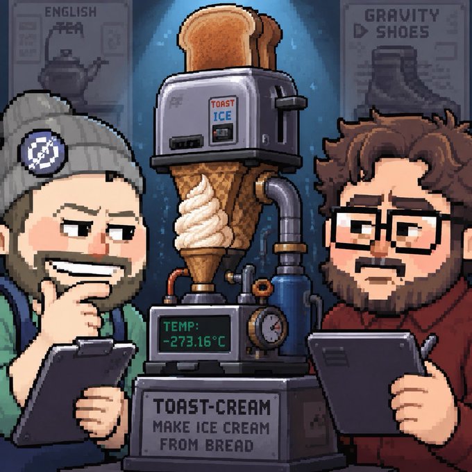 The image features two men sitting at a table, each holding an iPad or tablet computer. They are using these devices while engaged in conversation with each other. The background of the image shows a cartoon depiction of a toaster ice cream machine, which is likely related to the post about making ice cream from bread that was shared on social media.