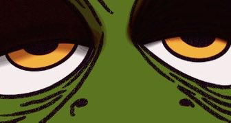 A close-up illustrated cartoon image of two glowing yellow eyes on a green-skinned face with a serious expression.