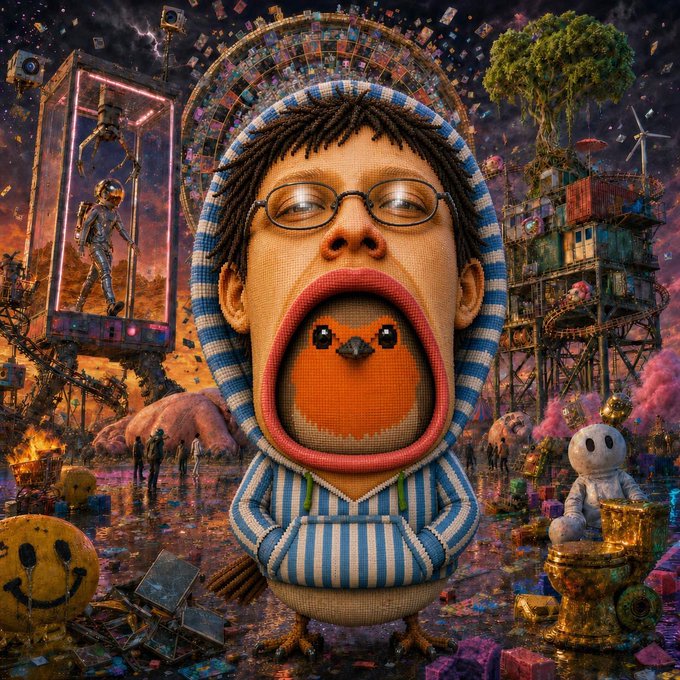 A whimsical digital art rendering depicts a bird-like character in a striped hoodie with an enormous open mouth, set against a chaotic dystopian backdrop featuring roller coasters, floating trees, a smiling toilet, and a stuffed character perched on a golden throne. The accompanying post expresses admiration for Beeple's NFT art, presenting this fantastical scene as a tribute to his creative style.