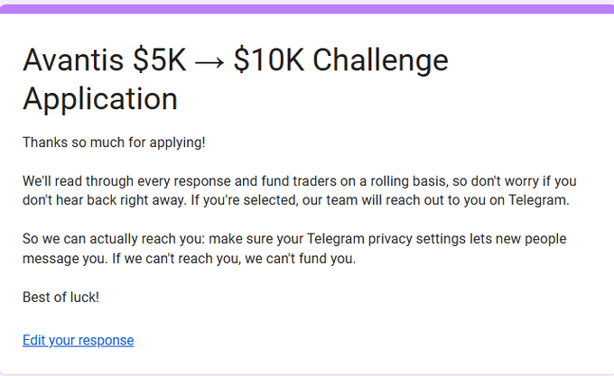 The image shows a confirmation page for the "Avantis $5K → $10K Challenge Application," thanking the user for applying and informing them that selections are made on a rolling basis with contact via Telegram. It relates to the post by confirming the successful submission of the Avantis trading challenge application, which offers testnet funds to double from $5K to $10K.