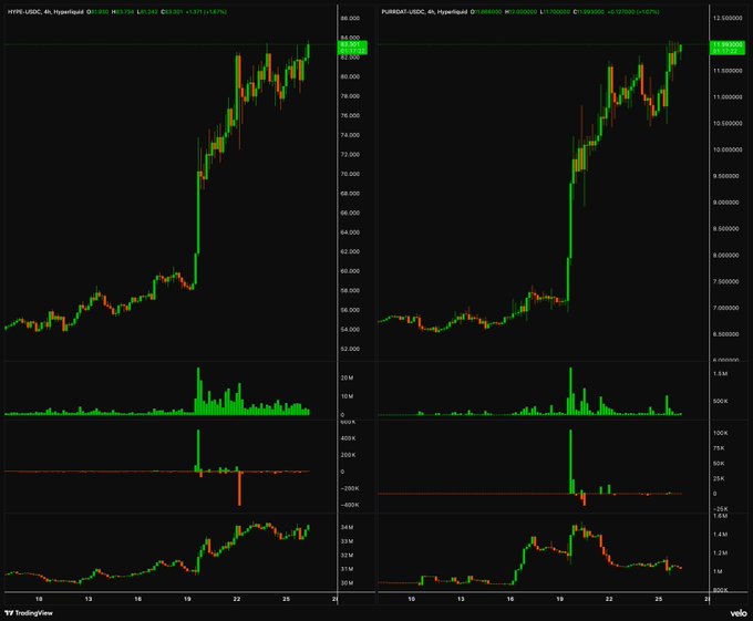 The image shows two TradingView 4-hour candlestick charts comparing Hyperliquid (HYPE/USDC) at ~$83.34 with +9.47% gains alongside PureBase Inc. (PUBC/USDC), a low-priced penny stock at ~$0.00085 with +45% gains, both displaying heavy volume spikes. The side-by-side comparison visually illustrates the post's point about diversifying a portfolio across cryptocurrency and equities, showing how both asset classes can deliver strong returns.