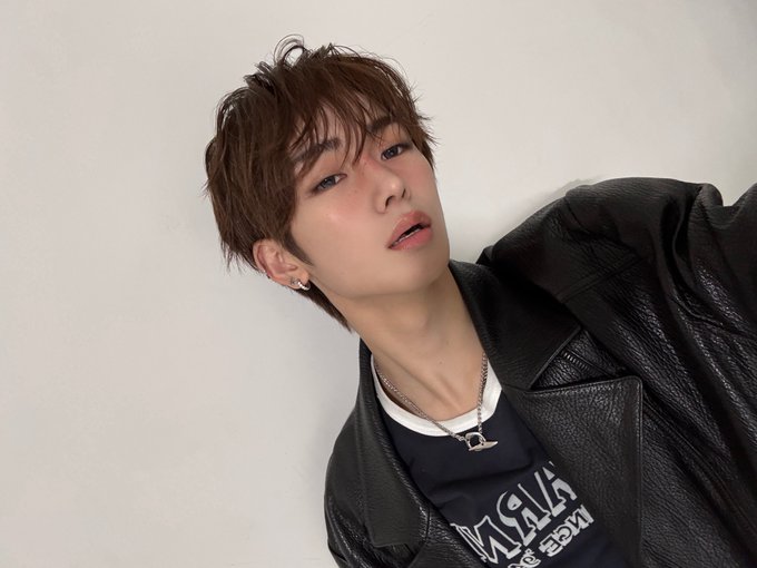 A stylish young man with tousled brown hair poses against a plain white background, wearing a black leather jacket over a dark t-shirt that displays partial text reading "HOUSE OF" and "All Star." He accessorizes with layered silver necklaces and small hoop earrings, presenting a fashionable K-pop or idol-style portrait that aligns with the promotional hashtags #ALPHADRIVEONE #ALD1 #알파드라이브원 #ANXIN #안신.
