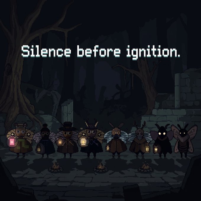 Pixel art depicting a group of insect-like characters holding lanterns in a dark forest, with the text 'Silence before ignition.' displayed above them.