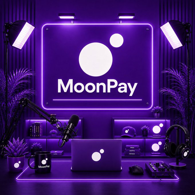 A purple neon-lit streaming/content creator setup displaying the MoonPay logo prominently, featuring a laptop, microphone, headphones, studio lights, and various MoonPay-branded merchandise.