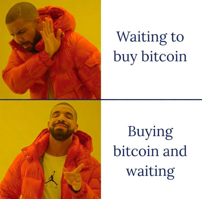 A two-panel Drake meme: the top panel labeled 'Waiting to buy bitcoin' shows Drake rejecting, while the bottom panel labeled 'Buying bitcoin and waiting' shows Drake approving.