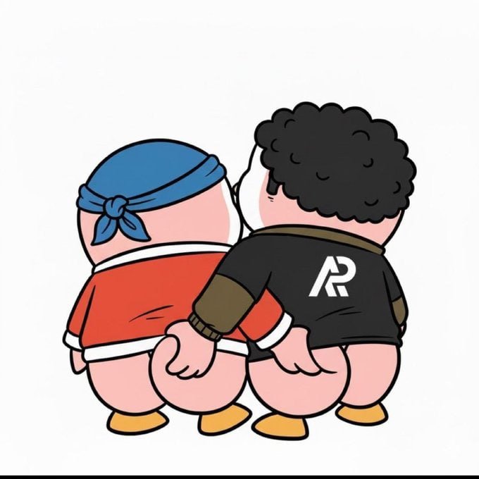 Two cartoon characters are depicted from behind, standing side-by-side with their arms linked; the character on the left wears a blue bandana and red shirt, while the character on the right wears a black shirt with a white logo resembling 'R2' on the back.