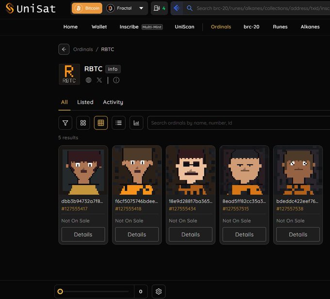 The UniSat wallet interface showing the 'RBTC' Ordinals collection page displaying 5 pixel-art character inscribe results (all marked 'Not On Sale'), including items #127555417 through #127557538, with navigation tabs for Home, Wallet, Inscribe, UniScan, Ordinals, brc-20, Runes, and Alkanes.