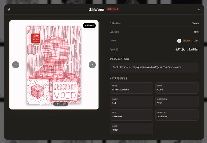 A digital NFT card display showing 'Sirial #95' with 'CROCODILE VOID' artwork, 1/1 of 1, with attributes including artist Sirius Crocodile, item Cube, mode Red, and location Void.