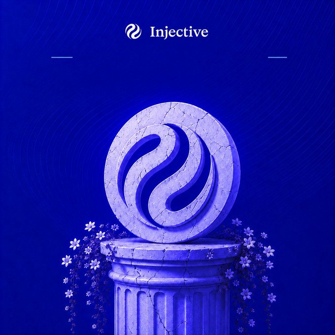 The image displays the "Injective" logo prominently at the top, with a 3D-rendered stone emblem featuring the brand's signature circular symbol displayed on a classical cracked pillar adorned with flowers, all set against a deep blue background—visually reinforcing Injective's milestone achievement as the first Layer-1 blockchain to secure SEC transfer agent registration.