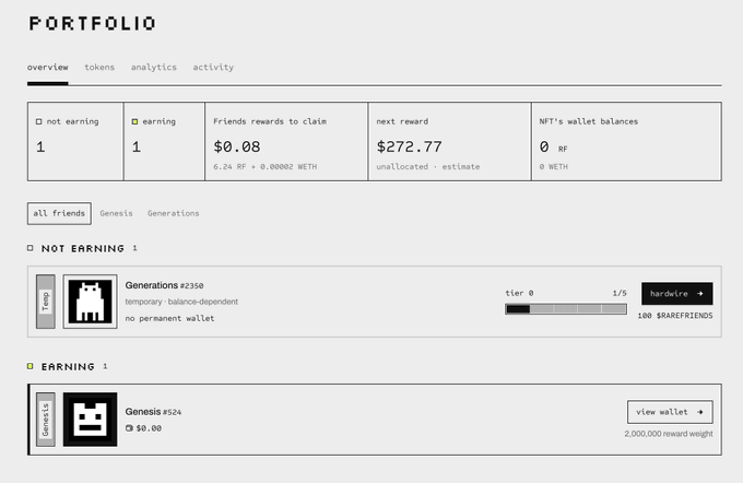 A screenshot of a cryptocurrency portfolio dashboard showing 'Friends rewards to claim' of $0.08, 'next reward' of $272.77 unallocated, and NFT wallet balances of 0 RF and 0 WETH, with listings for 'Generations' (not earning) and 'Genesis' (earning).