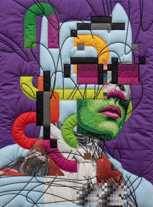A vibrant, surreal textile artwork features a figure with bright pink lips and a green textured face against a purple background, with colorful geometric fabric shapes and black squiggly lines stitched throughout.