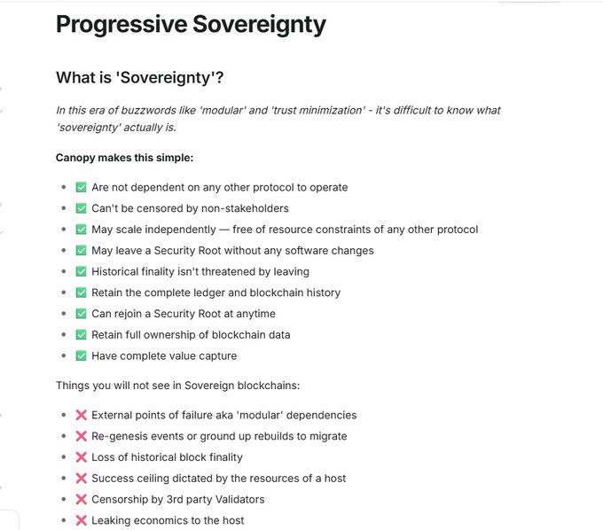 A slide titled "Progressive Sovereignty" defines sovereignty in blockchain terms, listing benefits like independence from other protocols, freedom from censorship, and retained blockchain history, while contrasting these with negatives avoided in sovereign blockchains such as external dependencies and loss of finality. The slide visually supports the tweet about Canopy (CNPY) Network's model, illustrating how chains can borrow security initially and then "leave" a Security Root via governance without losing history—directly reflecting the "drop one on-chain governance tx" concept mentioned.